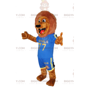 BIGGYMONKEY™ maskottiasu Ilmeinen ruskea leijona sinisessä