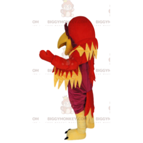 Traje de mascote BIGGYMONKEY™ de fênix fúcsia, vermelho e