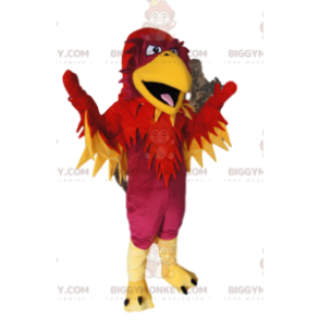 Traje de mascote BIGGYMONKEY™ de fênix fúcsia, vermelho e