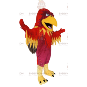 Traje de mascote BIGGYMONKEY™ de fênix fúcsia, vermelho e