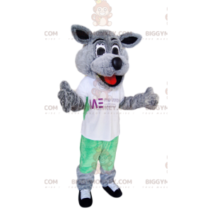 Costume de mascotte BIGGYMONKEY™ de chien gris super souriant