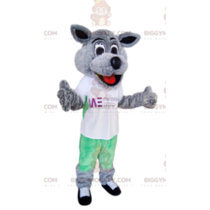 Costume de mascotte BIGGYMONKEY™ de chien gris super souriant