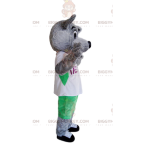 Costume de mascotte BIGGYMONKEY™ de chien gris super souriant