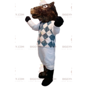 Costume de mascotte BIGGYMONKEY™ de cheval marron en tenue de