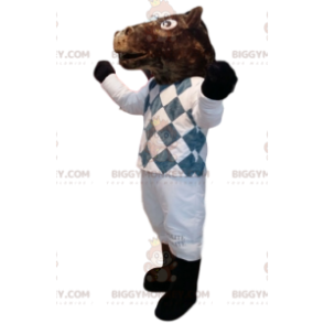 Traje de mascote BIGGYMONKEY™ Cavalo marrom em traje de jóquei