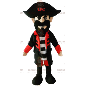 Pirat BIGGYMONKEY™ maskotdräkt med en vacker svart kostym. -