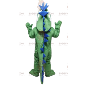 Costume mascotte BIGGYMONKEY™ dinosauro verde e blu. costume da