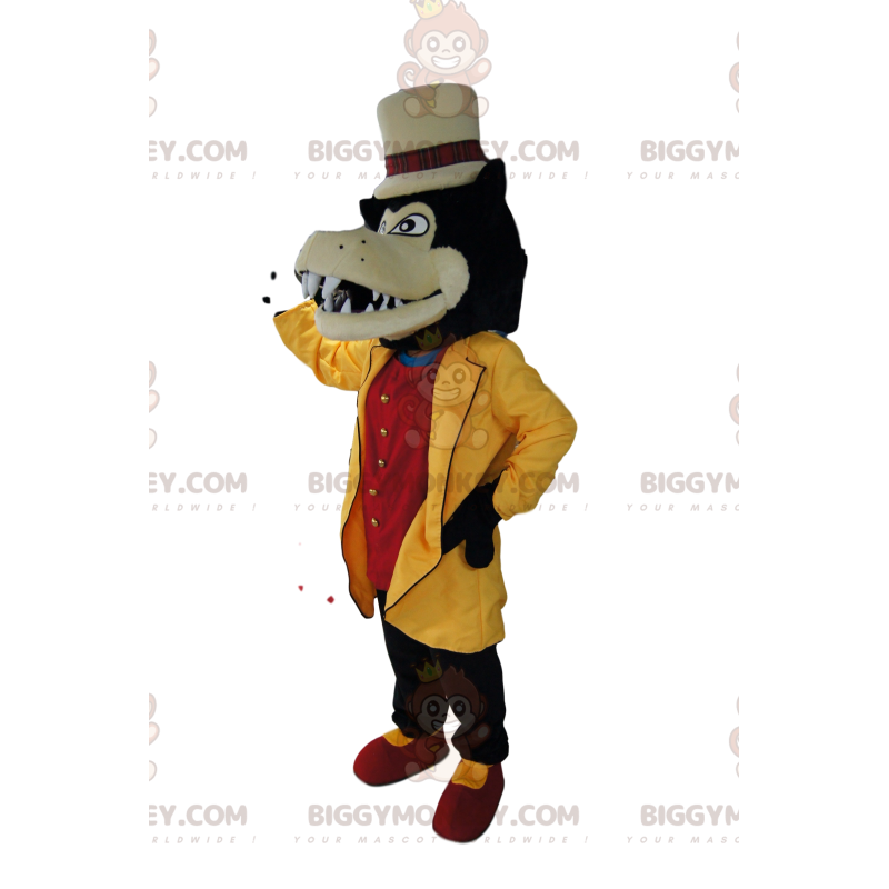 Dandy wolf BIGGYMONKEY™ maskotdräkt med gul jacka och brun hatt