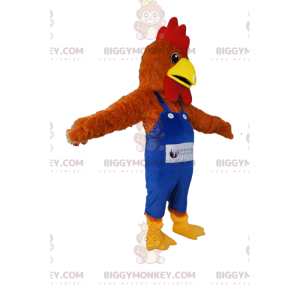 Disfraz de mascota de pollo marrón BIGGYMONKEY™ con mono azul.