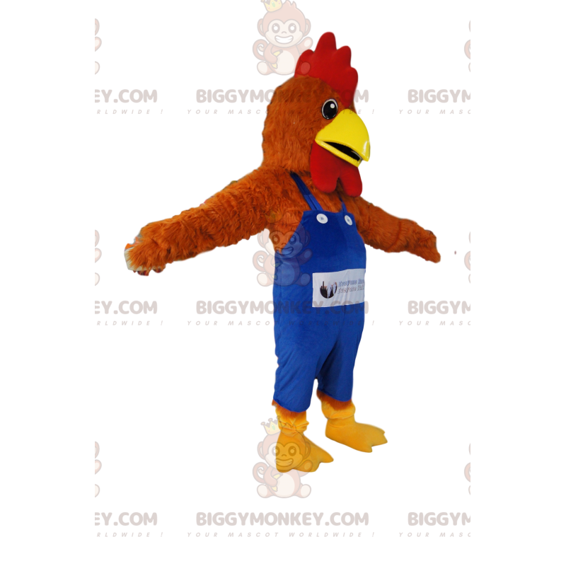 Disfraz de mascota de pollo marrón BIGGYMONKEY™ con mono azul.