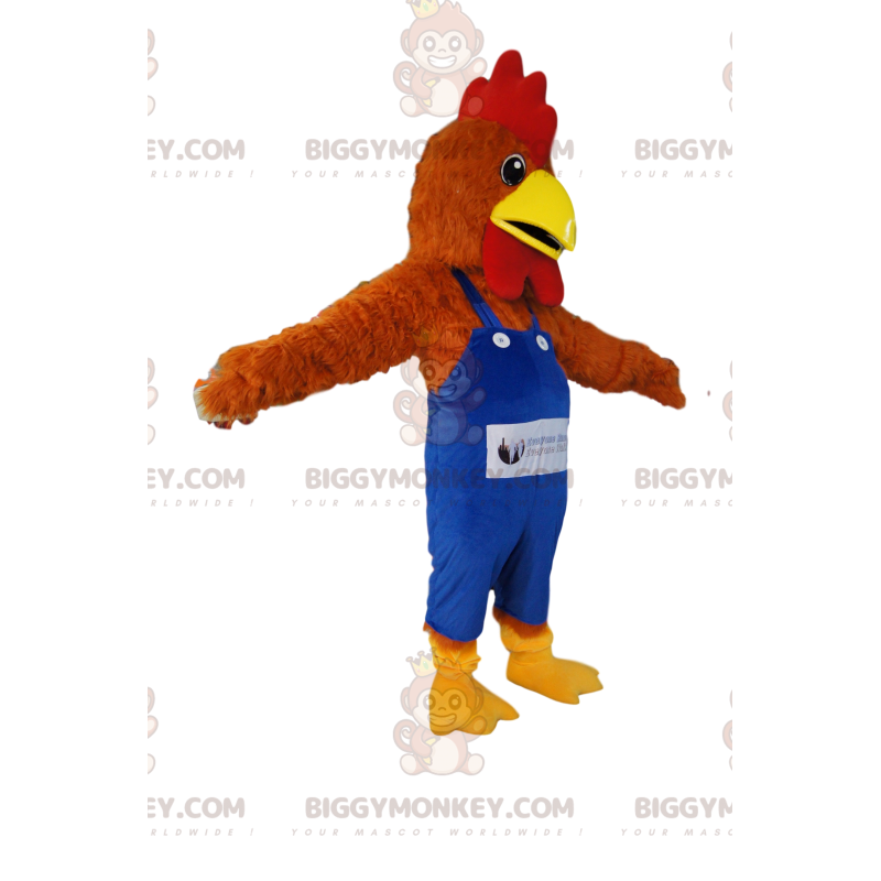 Mascotte kostuum bruine kip BIGGYMONKEY™ met blauwe overalls. -