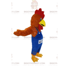 Brown chicken BIGGYMONKEY™ mascot costume with blue overalls. -