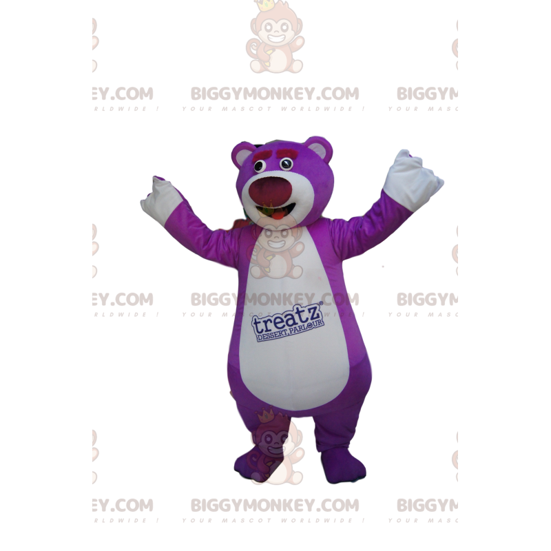 Disfraz de mascota BIGGYMONKEY™ de oso morado súper alegre.