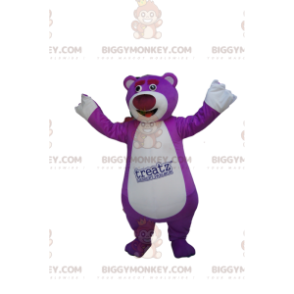 Super wesoły kostium maskotki fioletowy niedźwiedź