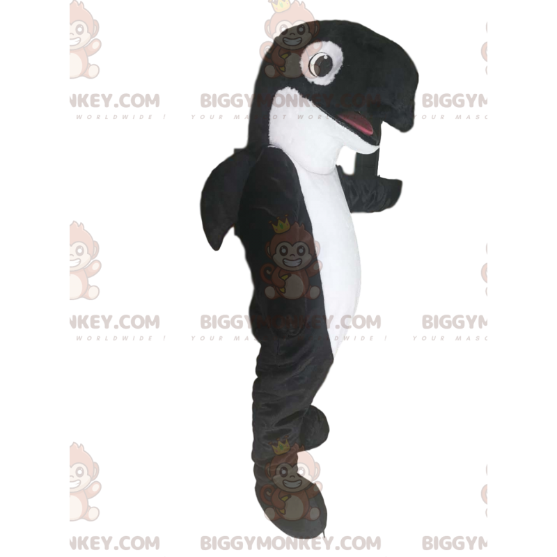 Traje de mascote de orca BIGGYMONKEY™ em preto e branco.