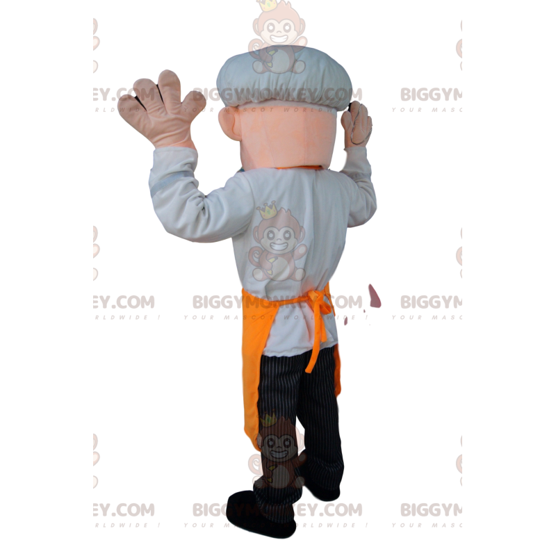 Chef BIGGYMONKEY™ mascot costume with white hat and orange