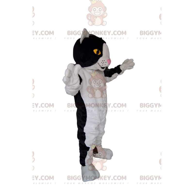 Traje de mascote de gato preto e branco BIGGYMONKEY™. fantasia