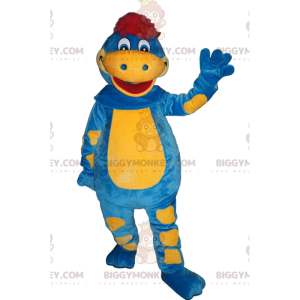 BIGGYMONKEY™ Mascottekostuum blauwe en gele dinosaurus met rode