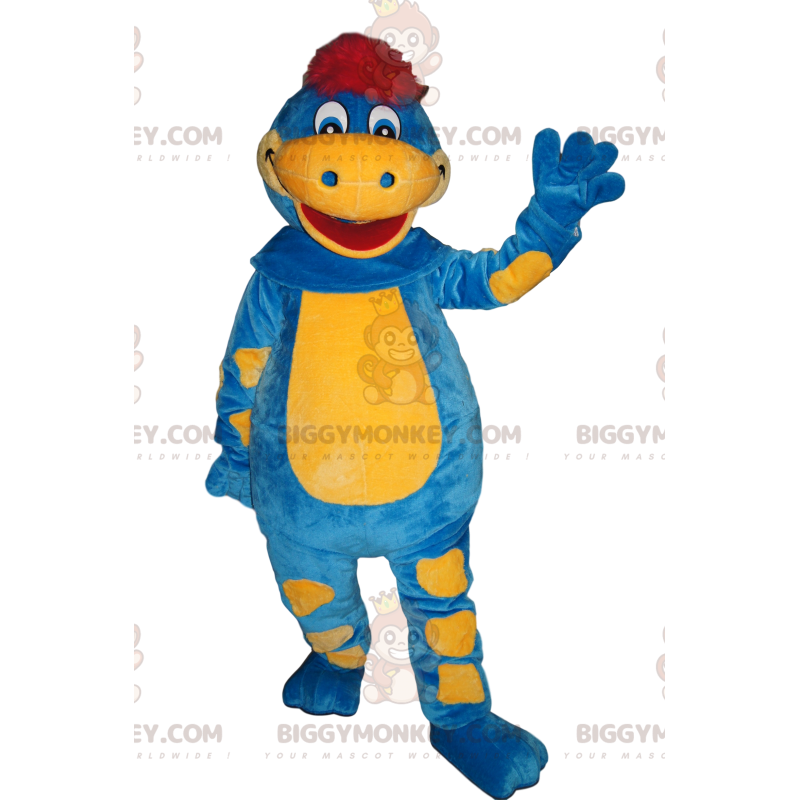 Traje de mascote BIGGYMONKEY™ Dinossauro Azul e Amarelo com