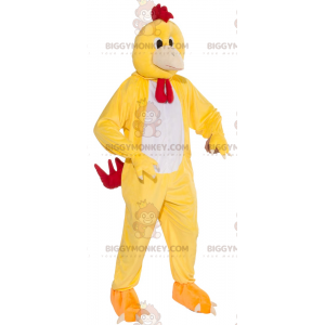 Traje de mascote de galinha galo amarelo branco e vermelho