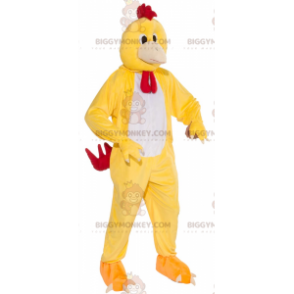 Traje de mascote de galinha galo amarelo branco e vermelho