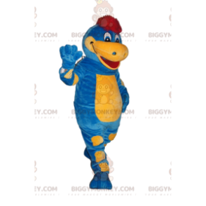 Traje de mascote BIGGYMONKEY™ Dinossauro Azul e Amarelo com