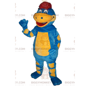 Traje de mascote BIGGYMONKEY™ Dinossauro Azul e Amarelo com