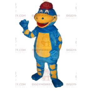 BIGGYMONKEY™ Mascottekostuum blauwe en gele dinosaurus met rode