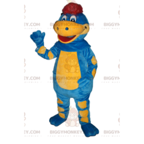 Kostým maskota BIGGYMONKEY™ Modrý a žlutý dinosaurus s červeným