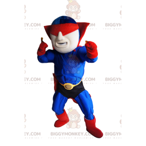 Traje de mascote de super-herói mascarado azul e vermelho