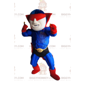 Disfraz de mascota de superhéroe enmascarado azul y rojo