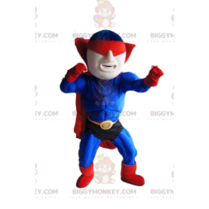 Traje de mascote de super-herói mascarado azul e vermelho