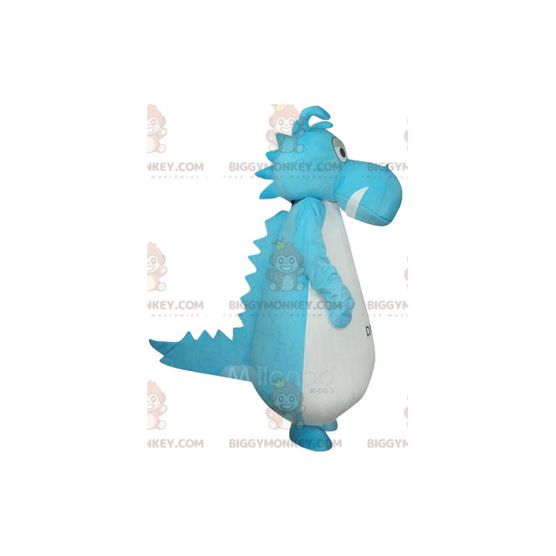 Traje de mascote de dinossauro azul e branco BIGGYMONKEY™.