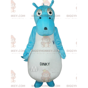 Costume de mascotte BIGGYMONKEY™ de dinosaure bleu et blanc.