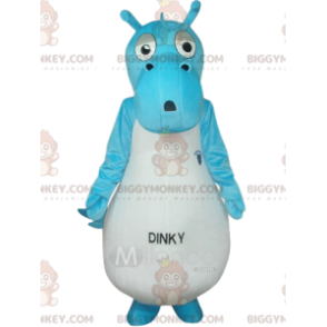 Blauw en wit dinosaurus BIGGYMONKEY™ mascottekostuum.