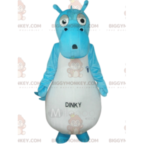 Costume de mascotte BIGGYMONKEY™ de dinosaure bleu et blanc.