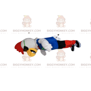 Weißes Huhn BIGGYMONKEY™ Maskottchenkostüm in blauer und roter