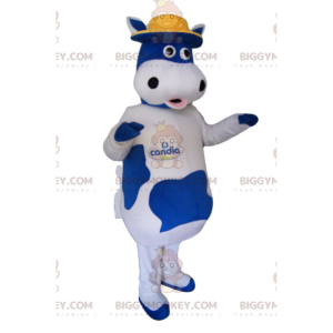 Blauw-witte koe BIGGYMONKEY™ mascottekostuum met gele hoed -