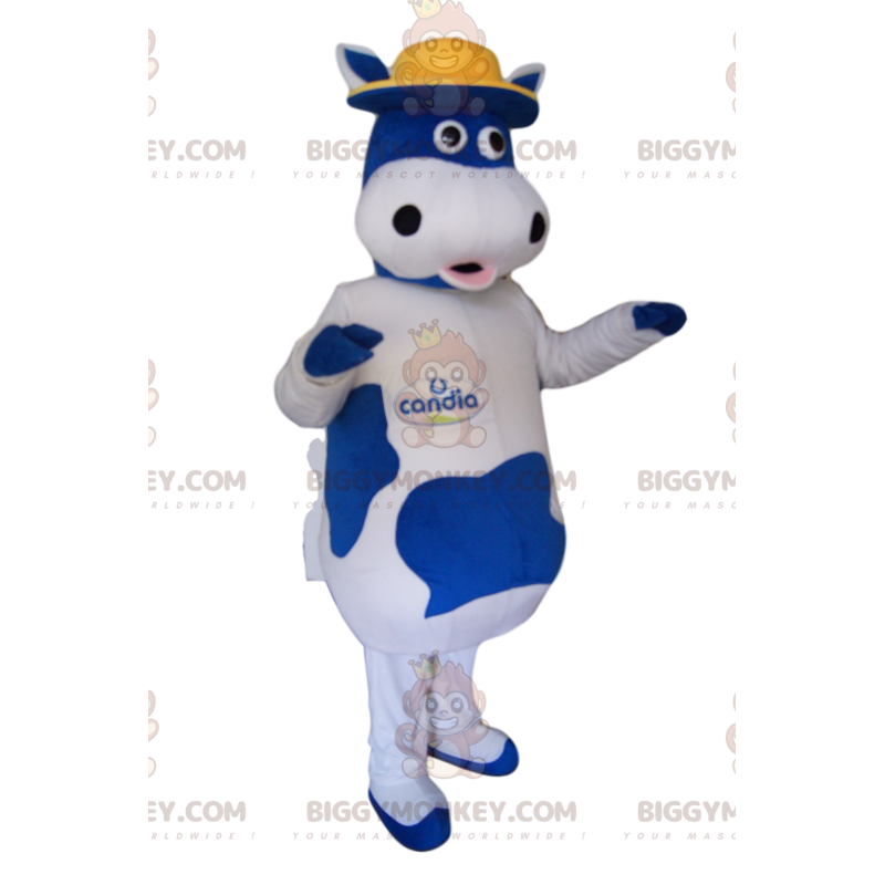 Blauw-witte koe BIGGYMONKEY™ mascottekostuum met gele hoed -