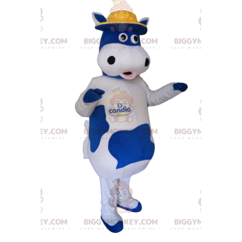 Kostým modrobílá kráva BIGGYMONKEY™ maskot se žlutým kloboukem
