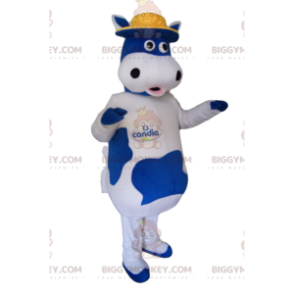 Blue and White Cow BIGGYMONKEY™ Mascot Costume with Yellow Hat