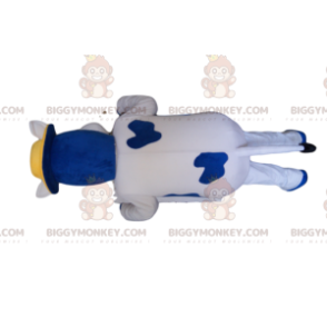 Blauw-witte koe BIGGYMONKEY™ mascottekostuum met gele hoed -