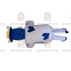 Kostým modrobílá kráva BIGGYMONKEY™ maskot se žlutým kloboukem