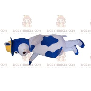 Blue and White Cow BIGGYMONKEY™ Mascot Costume with Yellow Hat