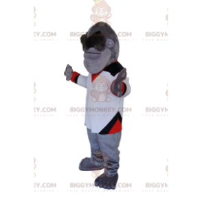 Disfraz de mascota BIGGYMONKEY™ de mono gris con jersey blanco.