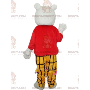 Isbjørn BIGGYMONKEY™ maskotkostume med gult plaid-outfit -