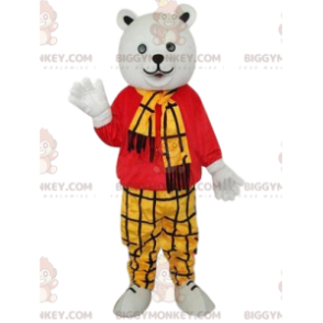 Polar Bear BIGGYMONKEY™ Mascot Costume with Yellow Plaid Outfit