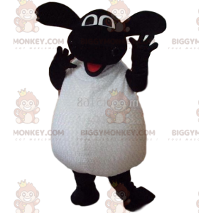Bardzo entuzjastyczny kostium maskotki biało-czarnej owcy