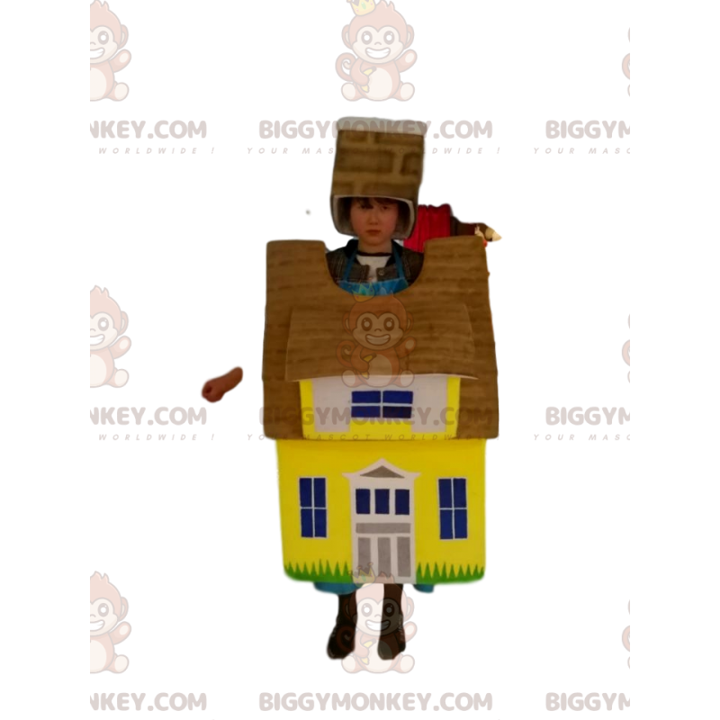 Costume de mascotte BIGGYMONKEY™ de maison jaune et marron.