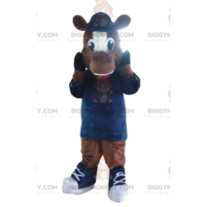 Brown horse BIGGYMONKEY™ mascot costume with blue hat and